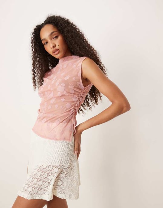 ASOS DESIGN ruched side high neck flocked mesh co ord top in pink - Image 1