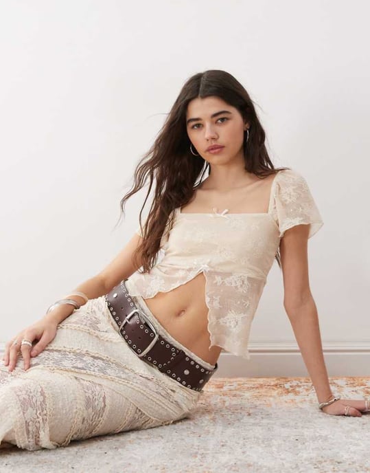 Reclaimed Vintage split front lace top with bow details in ivory - Image 1