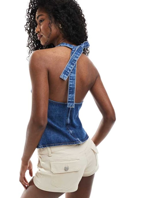 ASOS DESIGN denim halter neck top with dart detail - Image 4