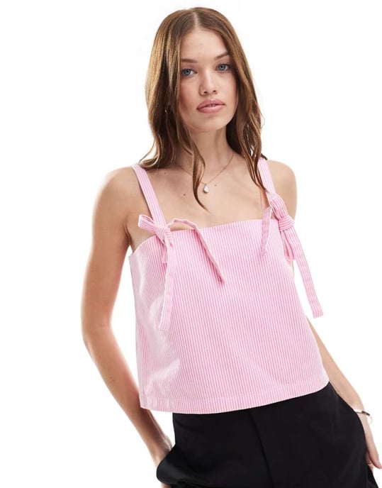 ASOS DESIGN denim bow strap top in pink stripe - Image 1