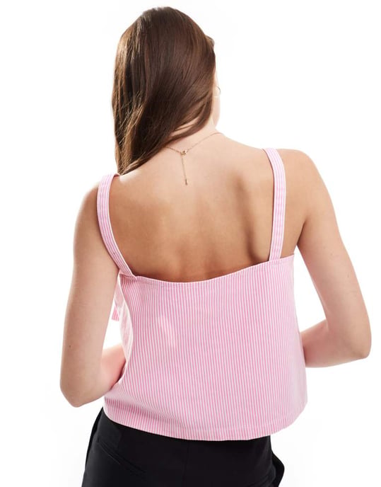 ASOS DESIGN denim bow strap top in pink stripe - Image 3