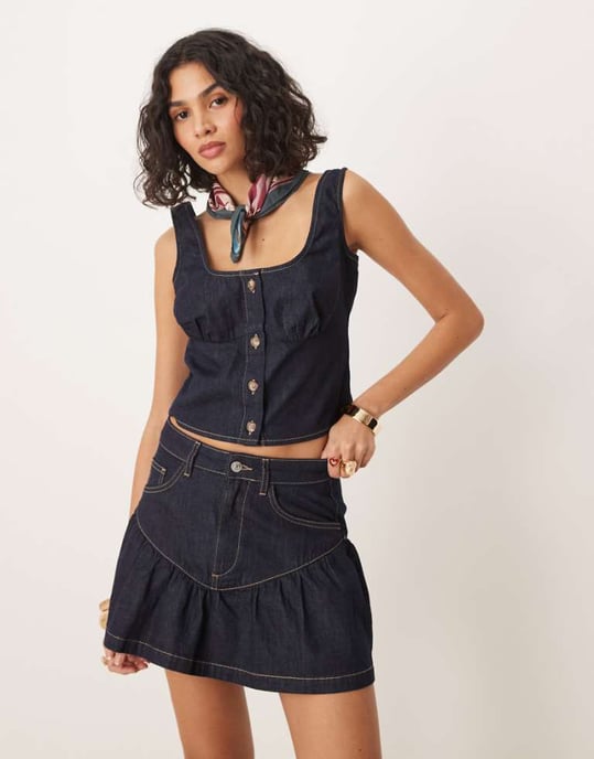 ASOS DESIGN denim under bust seam corset top co-ord in indigo rinse - Image 1