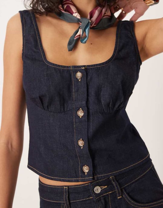 ASOS DESIGN denim under bust seam corset top co-ord in indigo rinse - Image 3