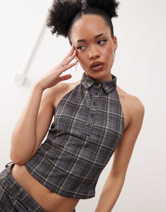 Motel harlo collared check top co-ord in grey - Image 1
