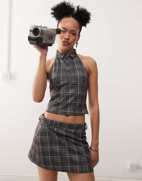 Motel harlo collared check top co-ord in grey - Image 2