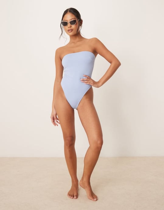 ASOS DESIGN Petite Maya sleek bandeau padded swimsuit in blue - Image 2