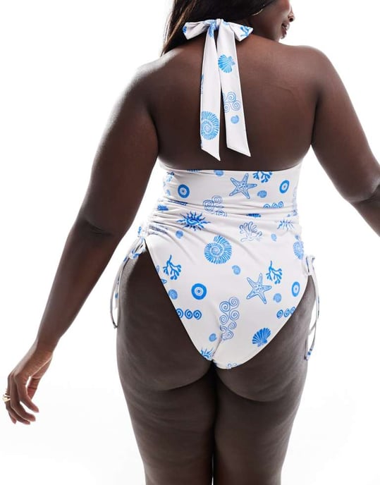 ASOS DESIGN Curve Island plunge halter swimsuit with ruched side in white & blue - Image 3