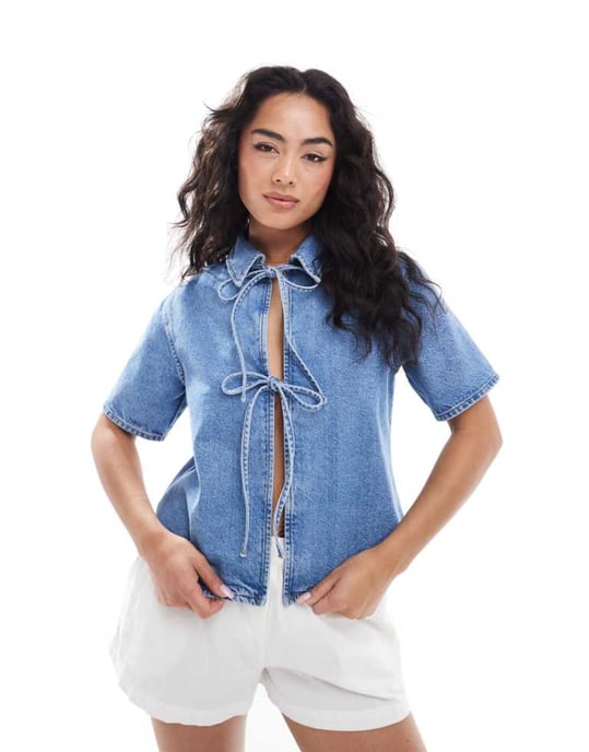 ASOS DESIGN denim tie front short sleeve top in mid blue - Image 1