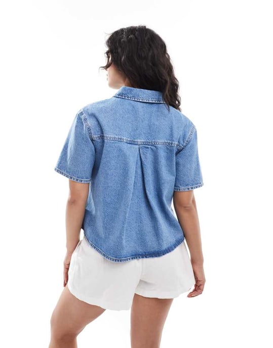 ASOS DESIGN denim tie front short sleeve top in mid blue - Image 4