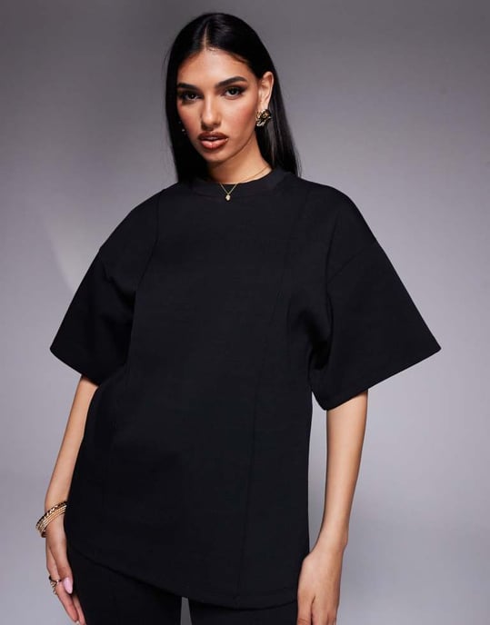 ASOS DESIGN interlock oversized boxy tee co ord with seam detail black - Image 4