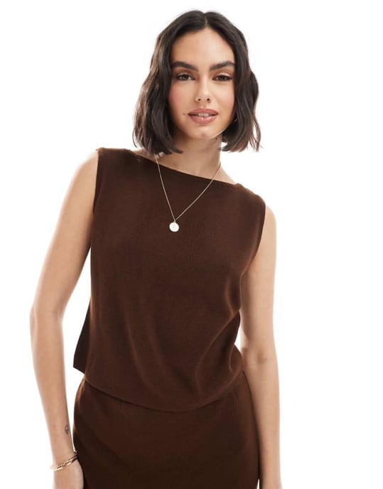 ASOS DESIGN compact knit slash neck top co-ord in brown - Image 1