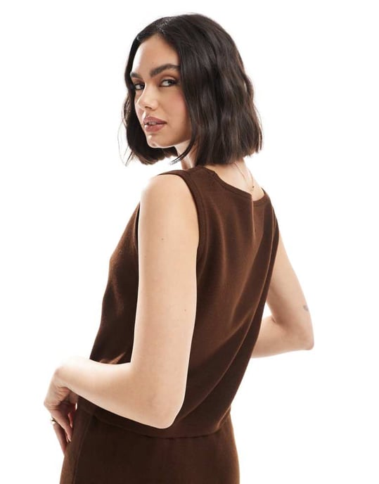 ASOS DESIGN compact knit slash neck top co-ord in brown - Image 3