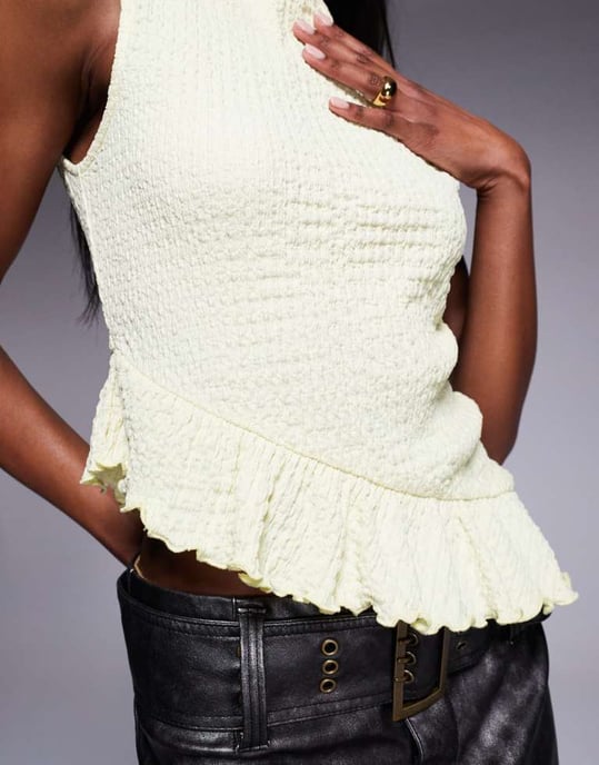 ASOS DESIGN textured ruffle hem slash neck top in lemon - Image 3