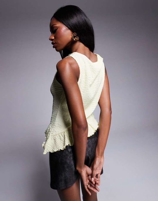 ASOS DESIGN textured ruffle hem slash neck top in lemon - Image 4