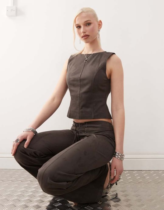 Motel felia tie back faux suede top co-ord in dark brown - Image 1