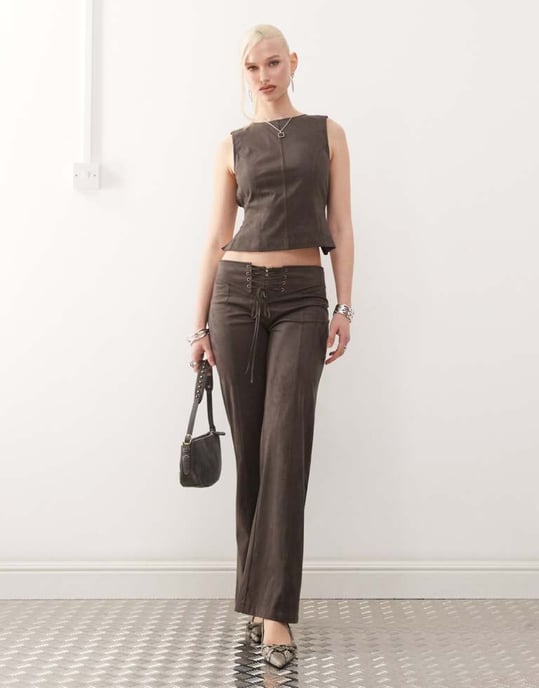 Motel felia tie back faux suede top co-ord in dark brown - Image 3