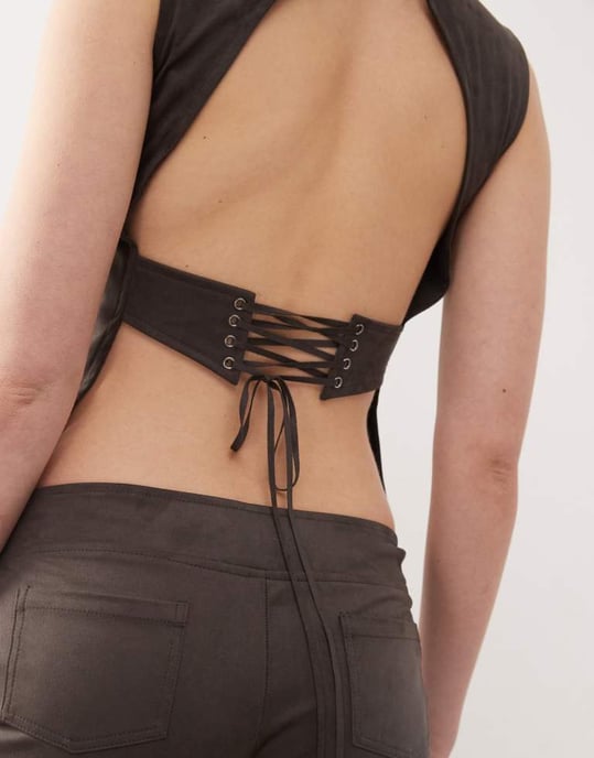Motel felia tie back faux suede top co-ord in dark brown - Image 4