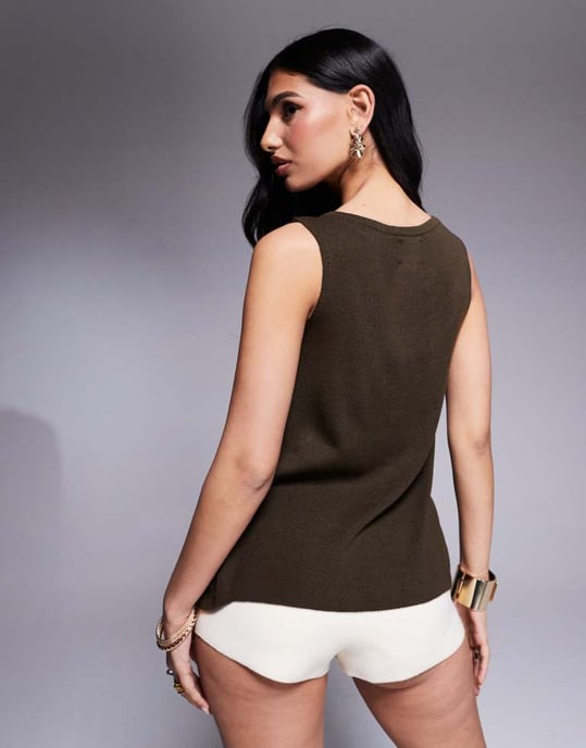 ASOS DESIGN compact knitted top with gold buttons in brown - Image 2