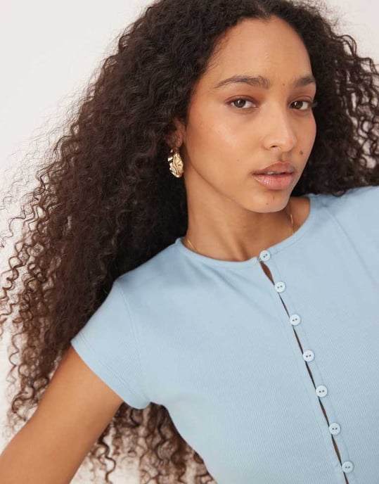 ASOS DESIGN compact mini rib button through short sleeve top in blue - Image 4