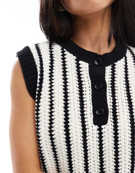 ASOS DESIGN crochet look button through top in black and white stripe - Image 3