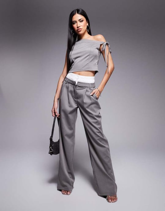 Kaiia x Sasha Corte exclusive tailored off shoulder tie detail top co-ord in grey - Image 4