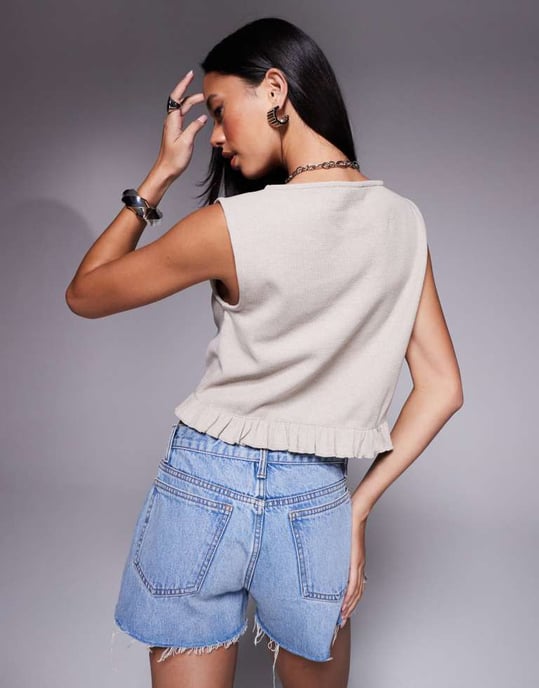 ASOS DESIGN sleeveless waffle button through top in mini frill hem in cream - Image 4