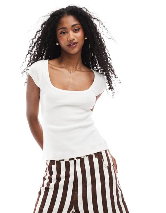 ASOS DESIGN wide binding rib scoop neck top with cap sleeve in cream - Image 1