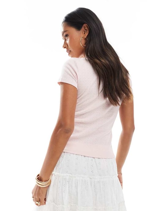 Cotton On ribbon graphic pointelle top in pale blush - Image 4