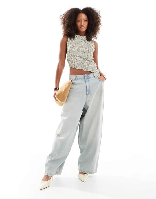 ASOS DESIGN printed mesh floral spliced asymmetric slash neck top in buttermilk - Image 4