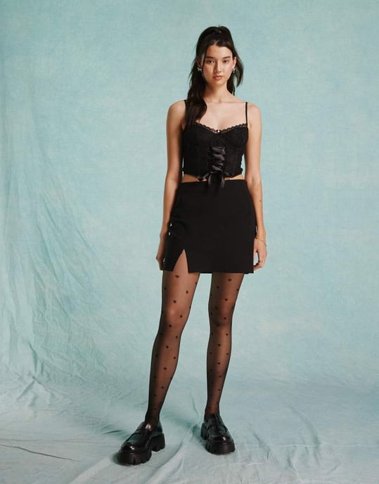 Miss Selfridge lace tie front corset top in black - Image 3