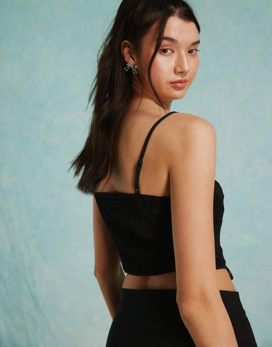 Miss Selfridge lace tie front corset top in black - Image 4