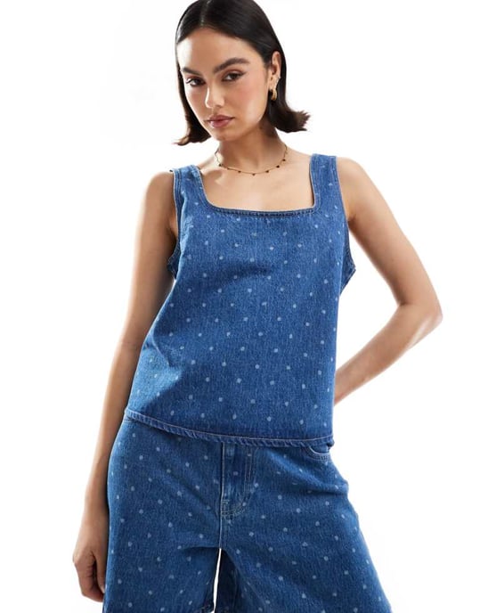 ASOS DESIGN denim square neck shift top with polka dot print in mid blue - Image 1