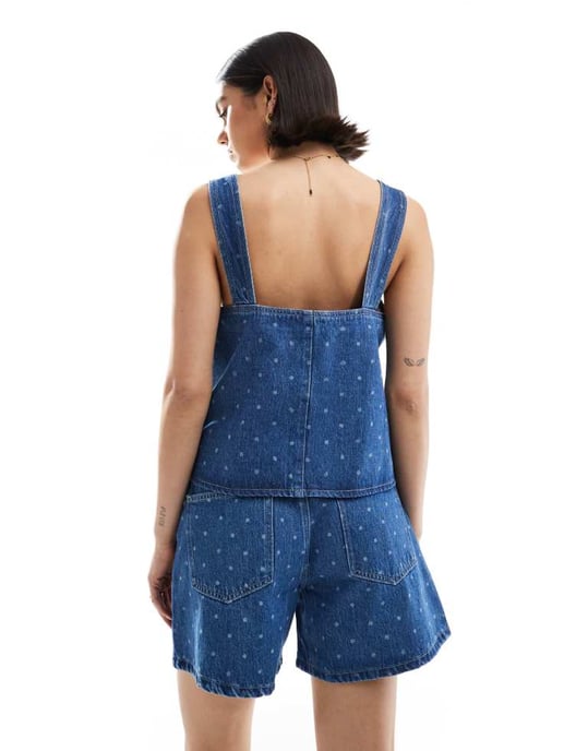 ASOS DESIGN denim square neck shift top with polka dot print in mid blue - Image 4