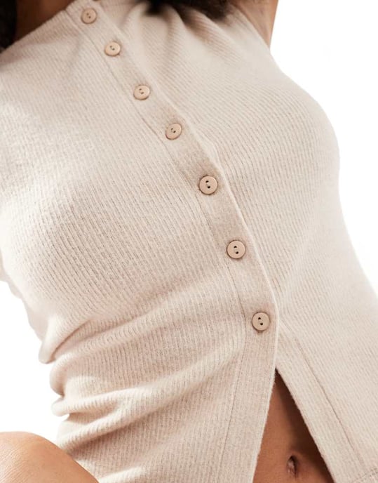ASOS DESIGN super soft brushed sleeveless button through top in oatmeal - Image 3