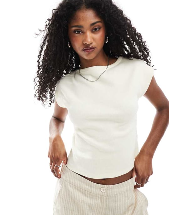ASOS DESIGN wide binding slash neck rib baby tee in buttermilk - Image 1