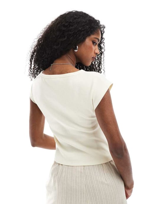 ASOS DESIGN wide binding slash neck rib baby tee in buttermilk - Image 2