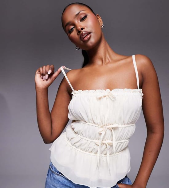 Kaiia exclusive square neck shirred tie detail cami top in cream - Image 1