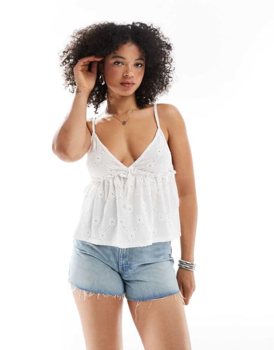 Miss Selfridge jersey broderie cami peplum top in white - Image 1