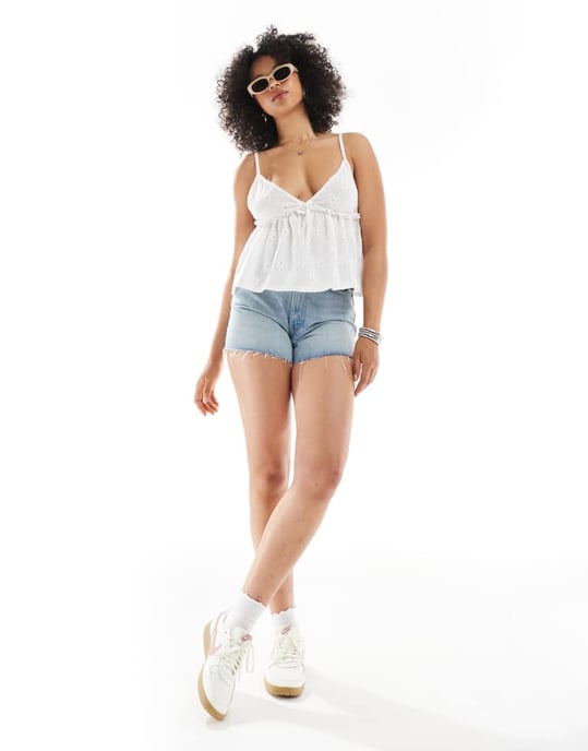 Miss Selfridge jersey broderie cami peplum top in white - Image 2