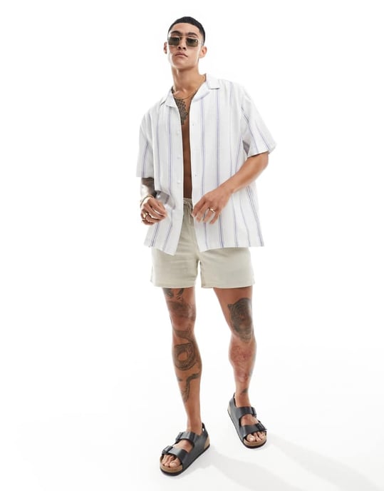 ASOS DESIGN avslappnad krage skjorta i linneblandning med rand i blått - Image 3