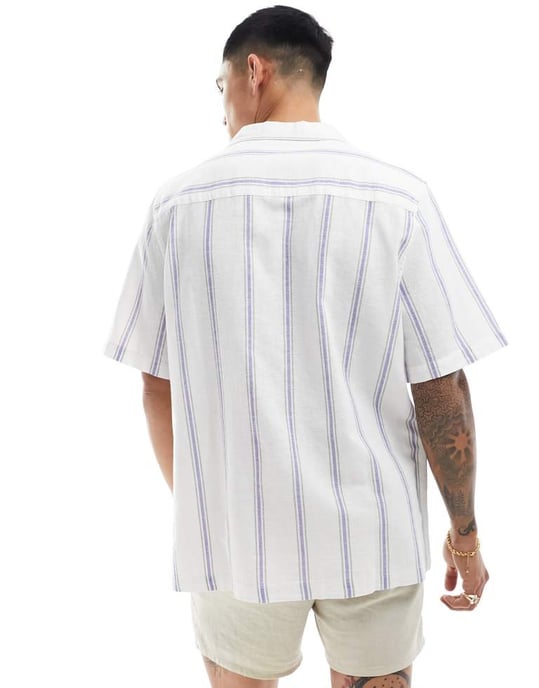 ASOS DESIGN avslappnad krage skjorta i linneblandning med rand i blått - Image 4