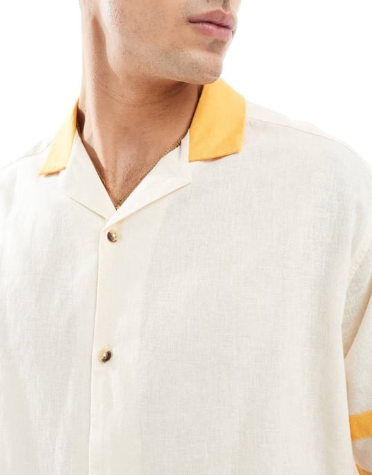 ASOS DESIGN kortärmad oversized linneblandning skjorta med paneler i ecru och gult - Image 3