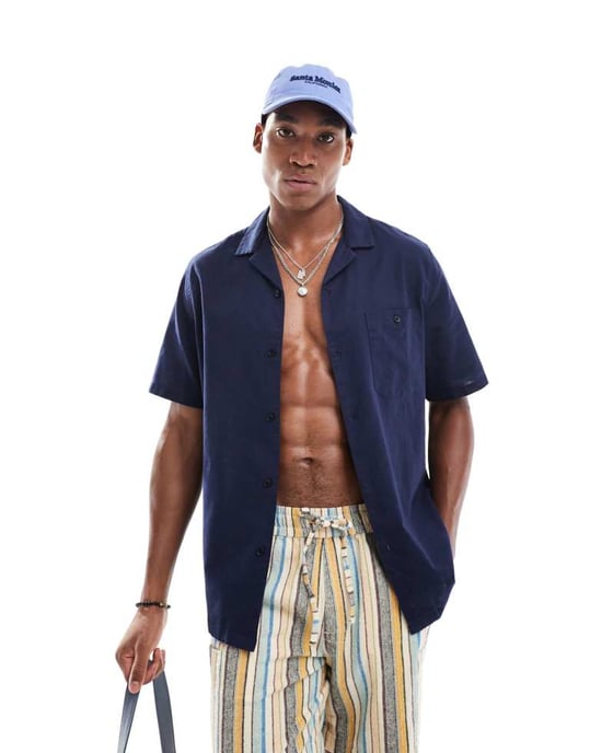 ASOS DESIGN avslappnad skjorta i linneblandning med revere-krage i marinblått - Image 2