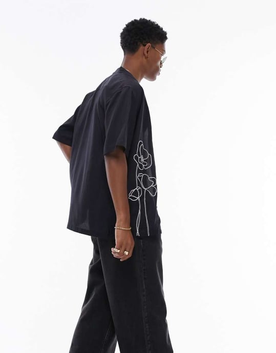 Topman kortärmad reverskrage blommönstrad broderad framskjorta i svart - Image 3
