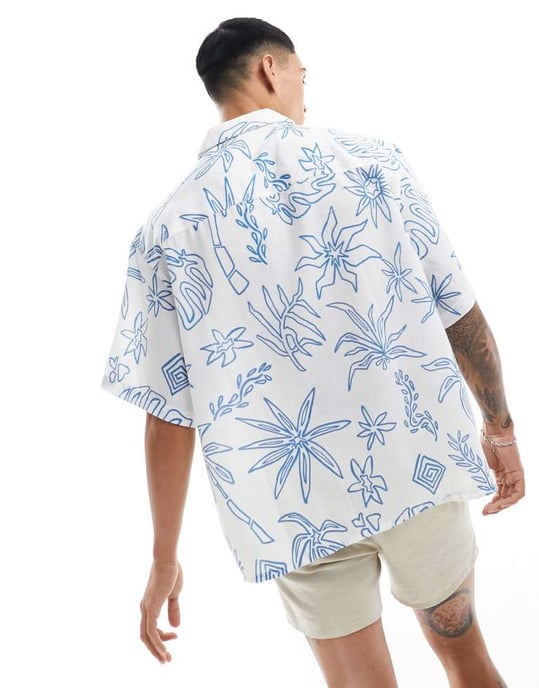 ASOS DESIGN oversized skjorta med revers i linjetecknat tryck - Image 4