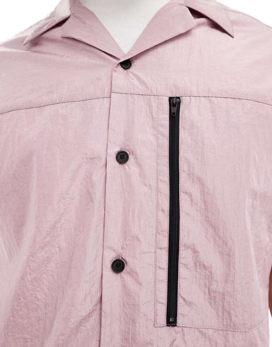 ASOS DESIGN koord kortärmad boxy oversized skjorta med revers i duschrosa - Image 3