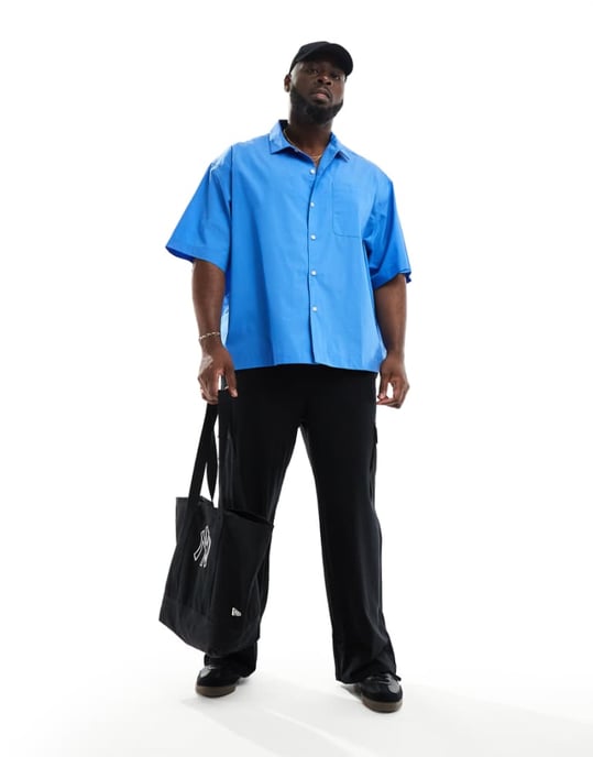 ASOS DESIGN kortärmad boxy överstor poplinskjorta i blått - Image 1