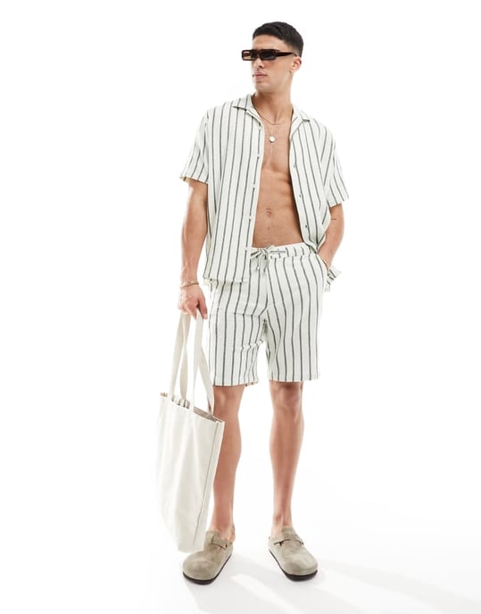 Selected Homme co-ord oversized texturerad skjorta med omvänd krage i grön rand - Image 3