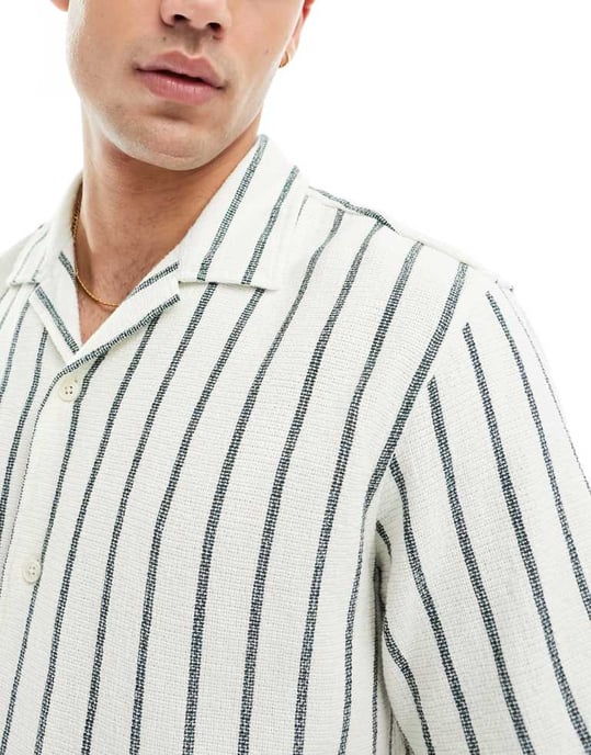 Selected Homme co-ord oversized texturerad skjorta med omvänd krage i grön rand - Image 4