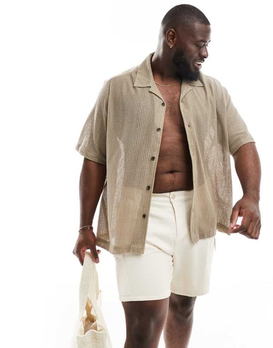 ASOS DESIGN kortärmad avslappnad skjorta med krage i beige katoen - Image 2